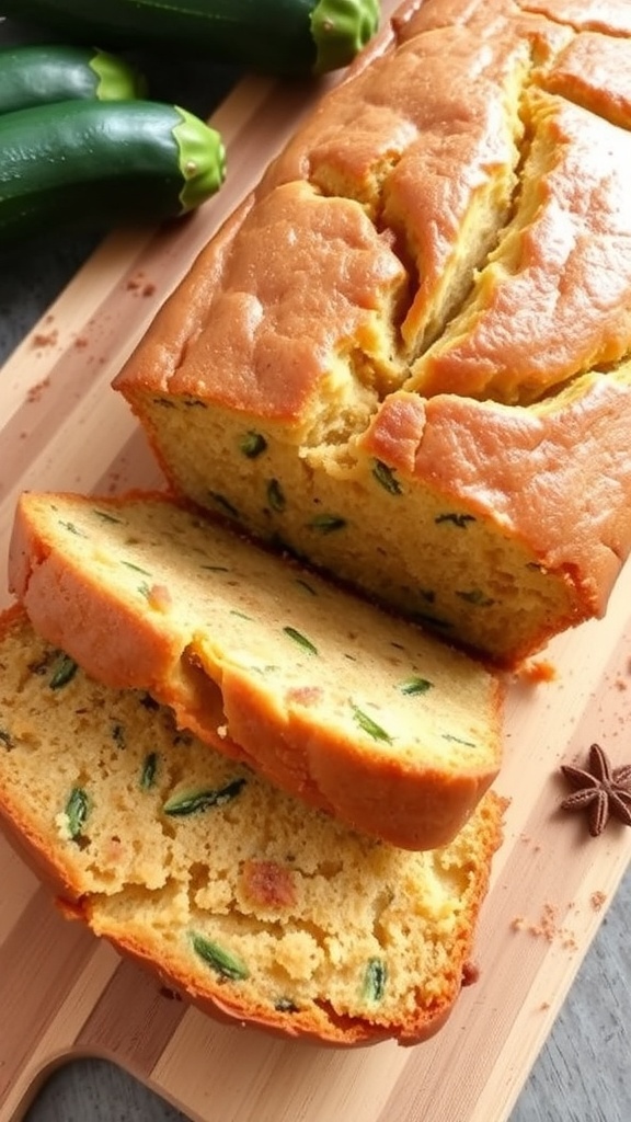 A loaf of zucchini bread on a cutting board with slices cut, showcasing its moist texture and flecks of zucchini.